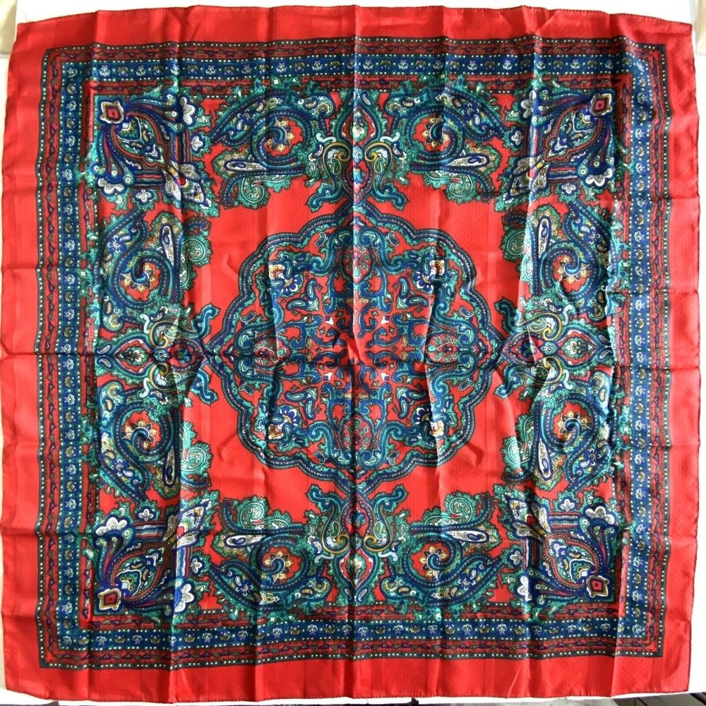 Scarf Square Paisley Red Turquoise Blue Mustard Yellow White Polyester 30x30in